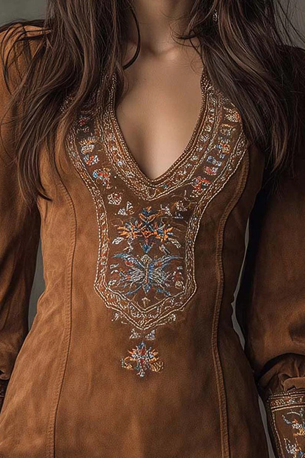 Fashionable Suede Embroidered V-neck Long-sleeved Slim-fit Mini Dress-consonak