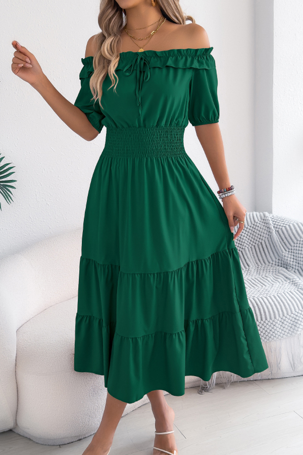Stylish Off-shoulder Short-sleeved Pleated Waist Casual Midi Dress-consonak