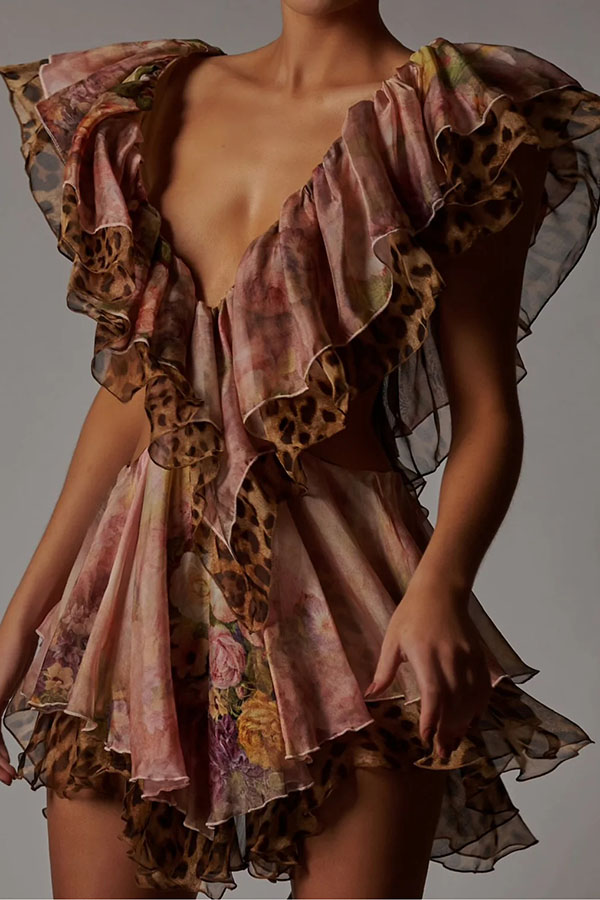 Dreamy Island Floral Leopard Print Cutout Waist Tiered Ruffles Mini Dress-consonak