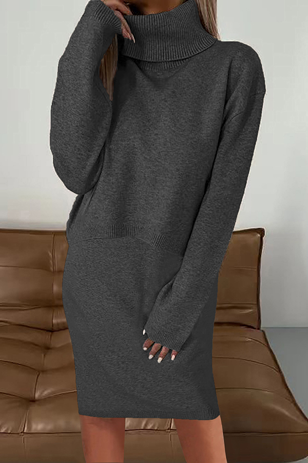Solid Color Turtleneck Sweater and Knee Length Dress Set-consonak