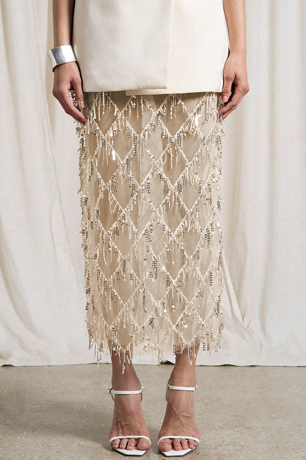 Fashionable Mesh See-through Sequined Tassel Midi Skirt | Consonak