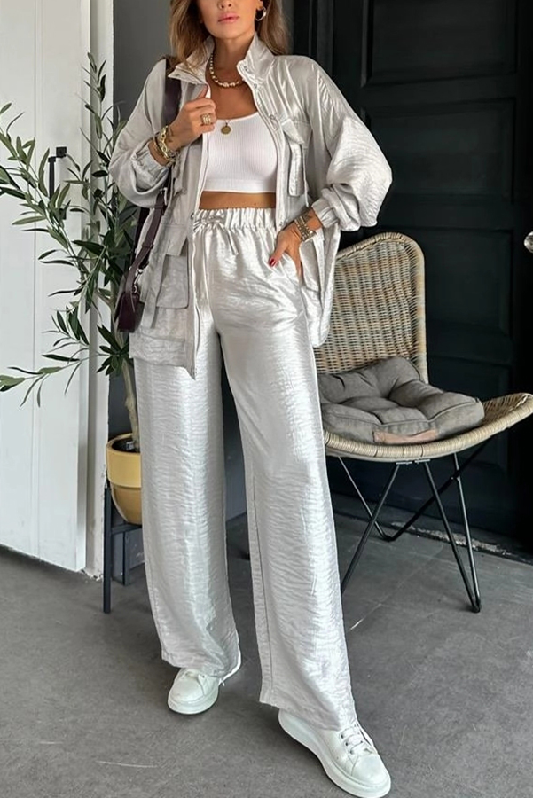 Easy on Me Metallic Fabric Flap Pocket Cargo Style Zipper Loose Jacket-consonak