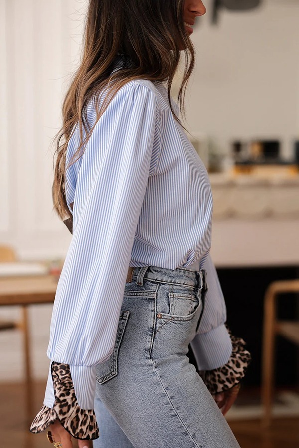 Striped Print Loose Long-Sleeve Leopard Print Patchwork Casual Shirt-consonak