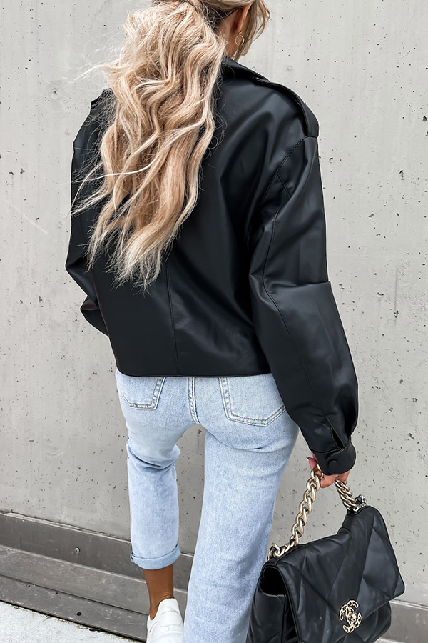 Stylish Leather Lapel Pocket British Style Cropped Jacket-consonak