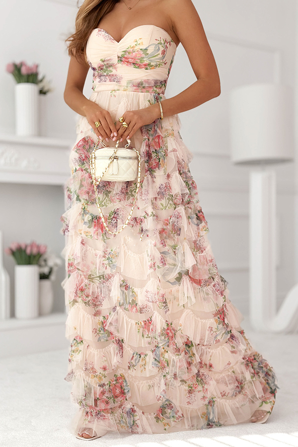 Soraya Tulle Floral Print Off Shoulder Ruffles Tiered Hem Party Maxi Dress-consonak