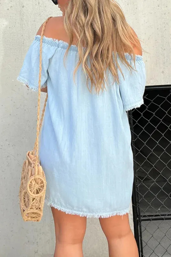 Fashionable Off Shoulder Short-sleeved Loose Denim Mini Dress-consonak