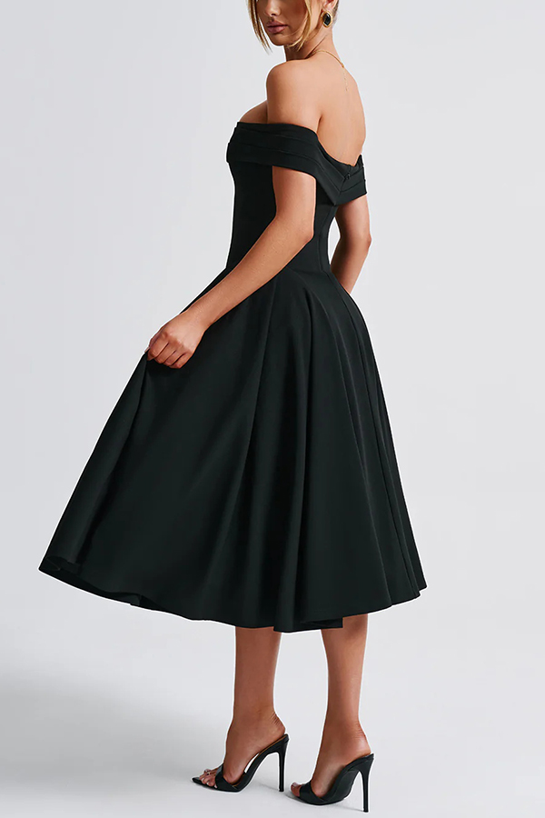 Princess Temperament Batdot Neck Pleat Detail Midi Dress-consonak