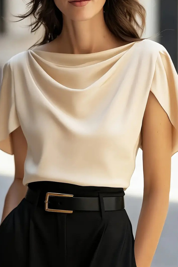 Solid Color Satin Drape Casual Loose Short-sleeved Top | Consonak