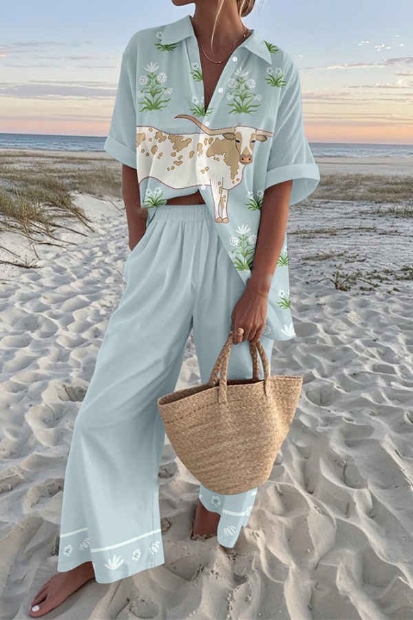 Cow Print Oversized Shirt and Elastic Waist Pocket Pants Set-consonak