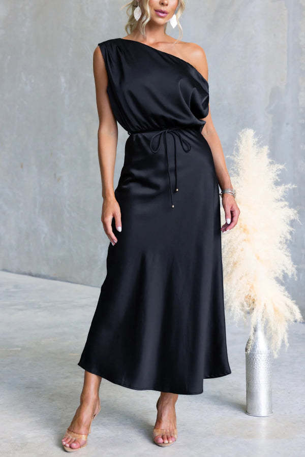 Solid Color One-shoulder Sleeveless Belted Casual Maxi Dress