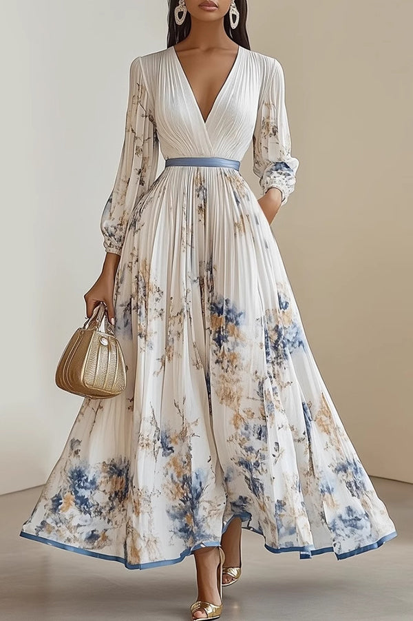 Unique Printed V-Neck Long Sleeve Bow Tie Waist Holiday Maxi Dress | Consonak