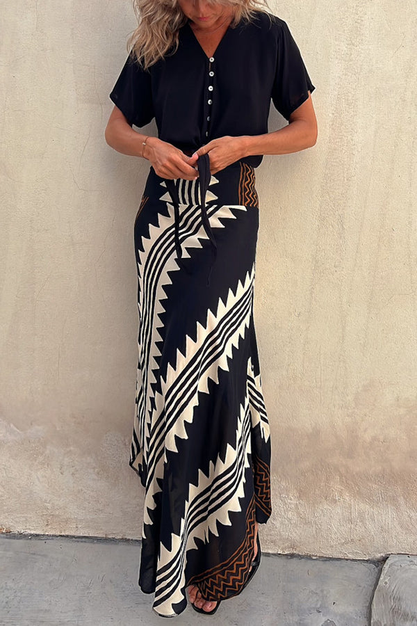 Eva Satin Geometric Print Elastic Waist Maxi Skirt-consonak
