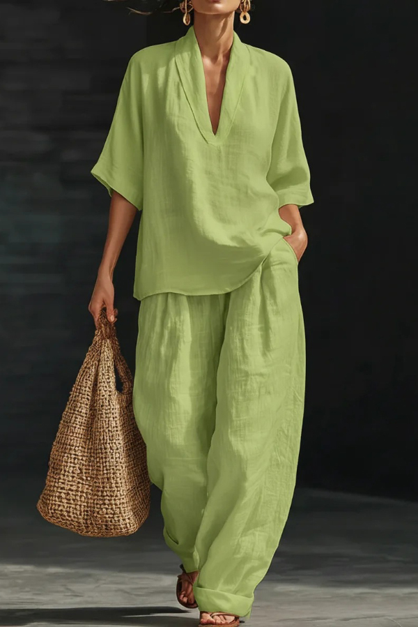 Solid Color V-neck Short-sleeved Loose Top and Casual Elastic Waist Pocket Pants Set