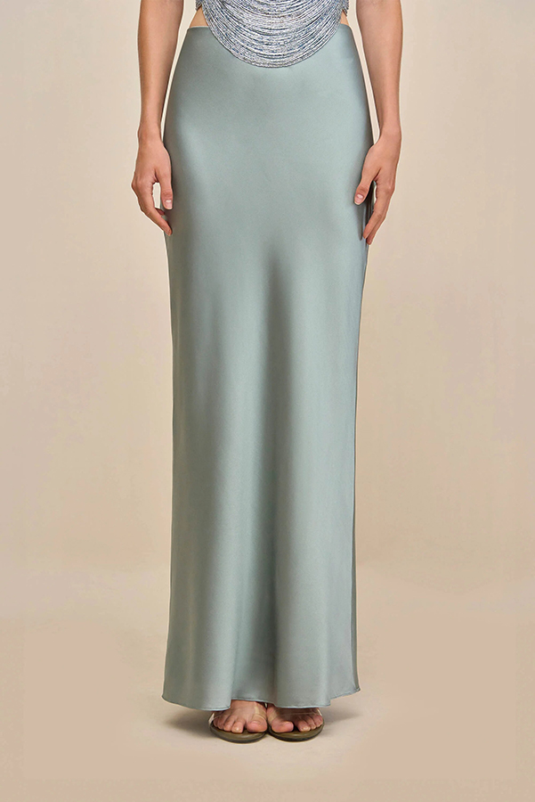 Keep Polished Satin High Rise Bias Cut Drape Maxi Skirt