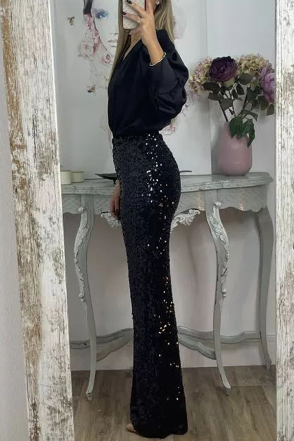 Glitzy Glamour Sequin High Rise Elastic Waist Wide Leg Pants | Consonak
