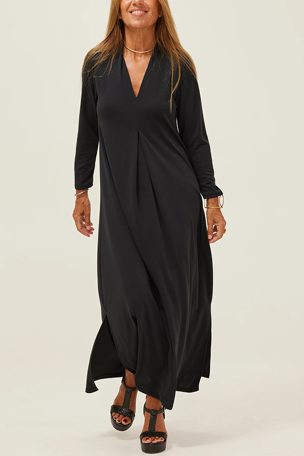 Solid Color V-neck Casual Slit Maxi Dress-consonak