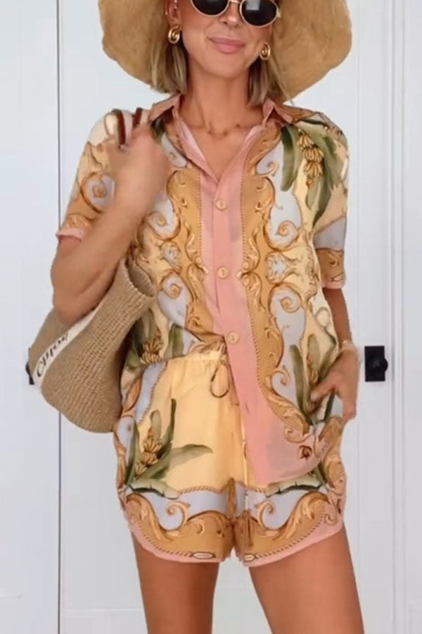 Royalty Unique Print Button Up Short Sleeve Shirt and Elastic Waist Pocketed Loose Shorts Set-Consonak