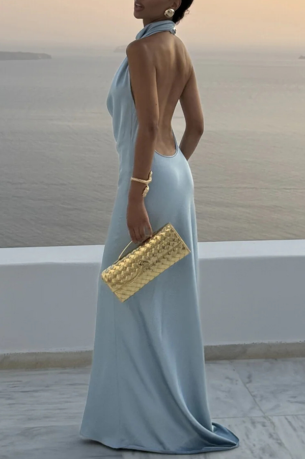 Unforgettable Satin High Drape Neck Open Back Flare Maxi Dress | Consonak