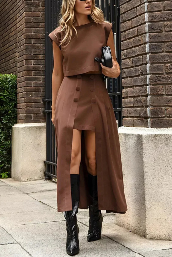 Solid Color Crew Neck Crop Top and High Waist Irregular Maxi Skirt Set-consonak