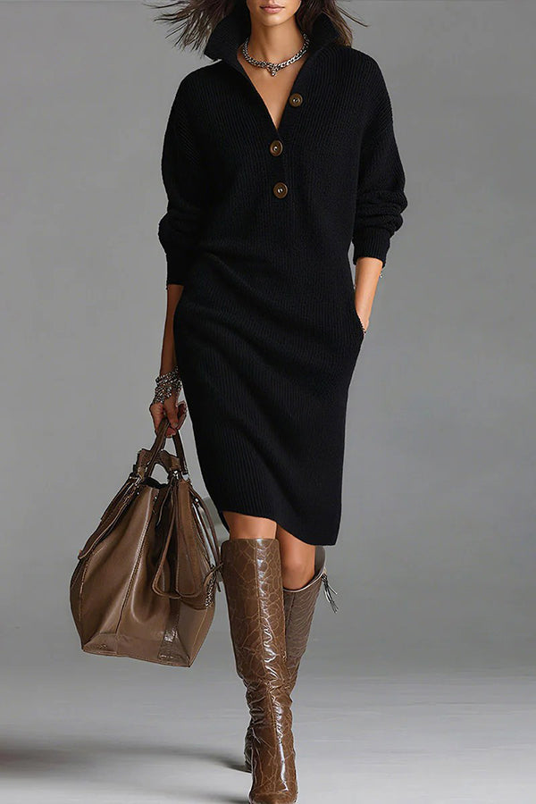 Solid Color Collared Button Pocket Loose Casual Knit Midi Dress-consonak