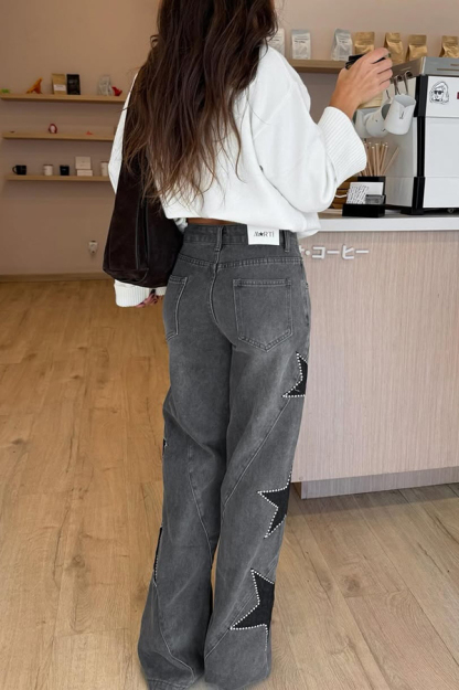 Jessy Denim Mid Rise Side Star Pattern Pocket Wide Leg Jeans-consonak