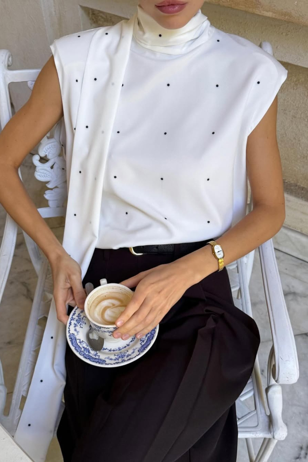 Polka Dot Print Open Backless Stand Collar Sleeveless Ribbon Top | Consonak