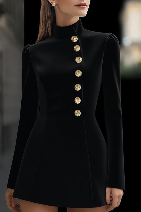 Fashionable Stand Collar Single-Breasted Slim Fit Formal Mini Dress | Consonak