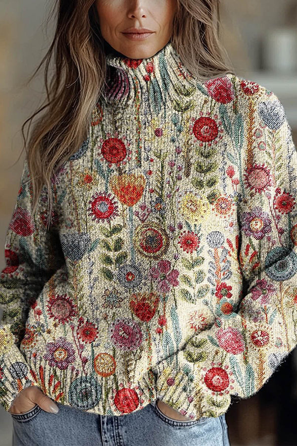 Floral Pattern High-Neck Long-Sleeved Loose Sweatshirt-consonak