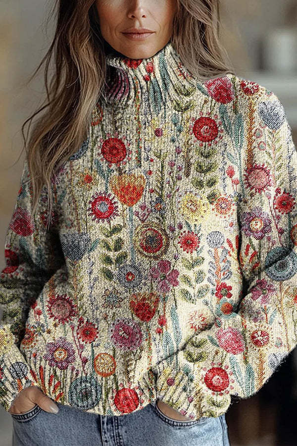 Floral Pattern High-Neck Long-Sleeved Loose Sweatshirt-consonak