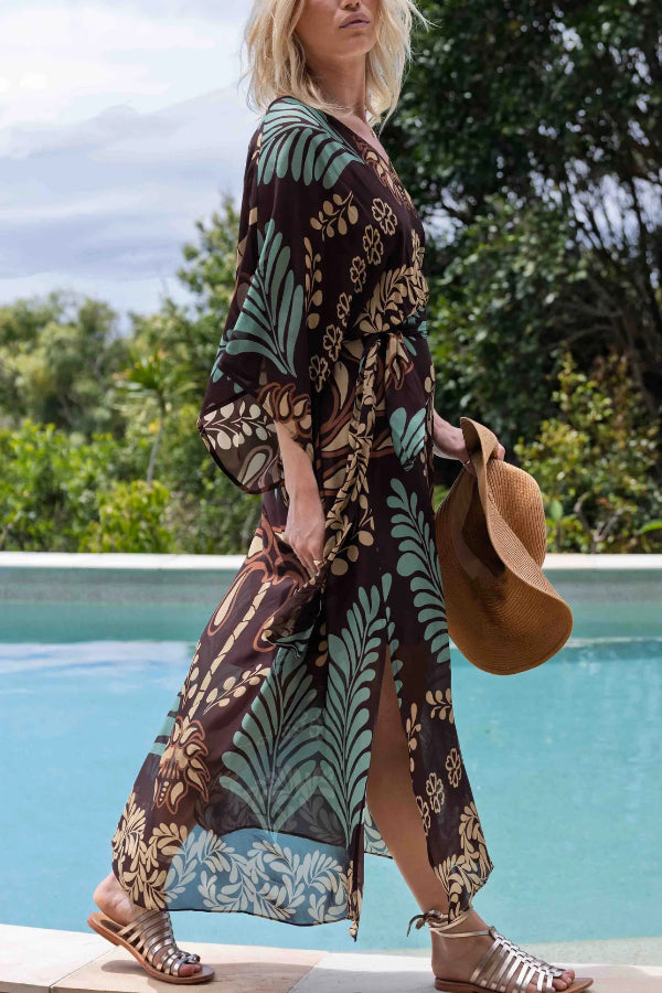 Bohemian Style Unique Printed Chiffon Loose-fitting Belted Maxi Dress