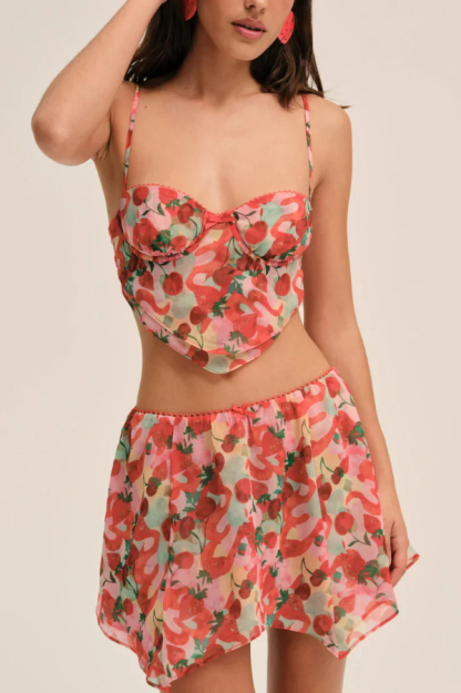 Fruit Print Back Tie Fitted Tank Top