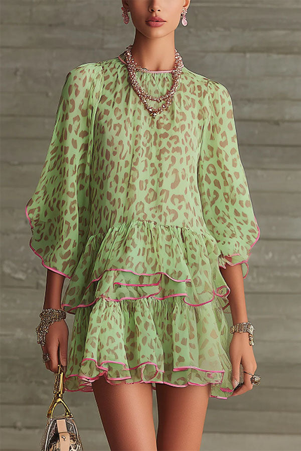 Amara Green Leopard Print Tiered Ruffle Mini Dress-Consonak