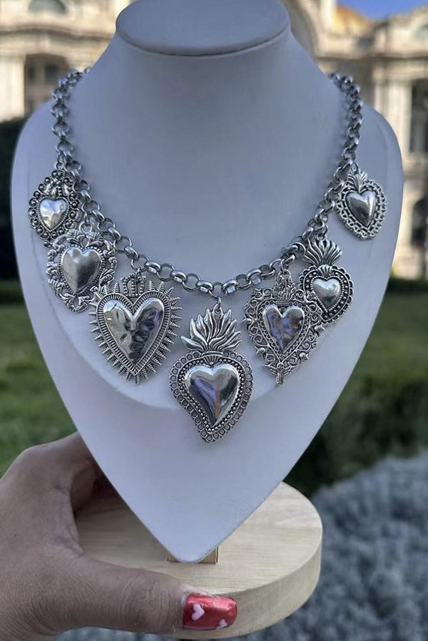 Vintage Religious Sacred Heart Pendant Silver Chain Necklace-consonak