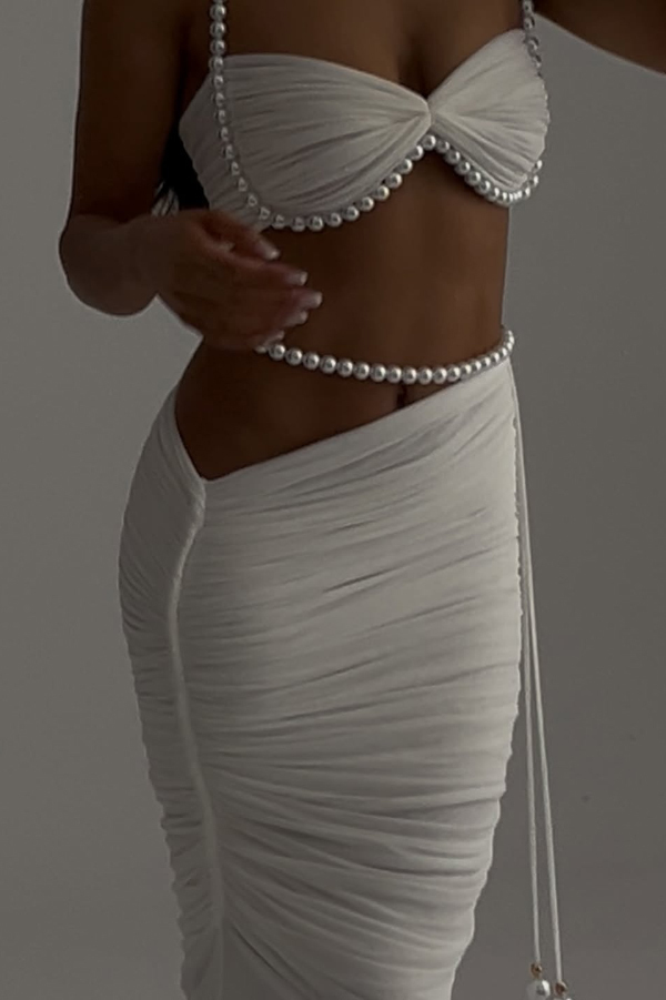 Imalia Stretch Mesh Pearl Trim Gathered Tank and  Detachable Belt Vacation Maxi Skirt Set-consonak