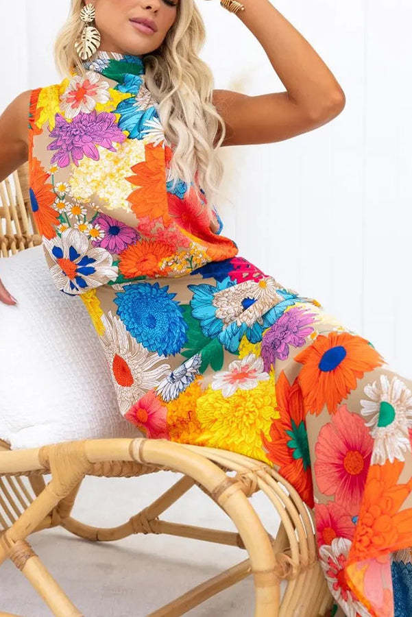 Land of Beauty Floral Print Halter Neck Elastic Waist Party Maxi Dress-consonak
