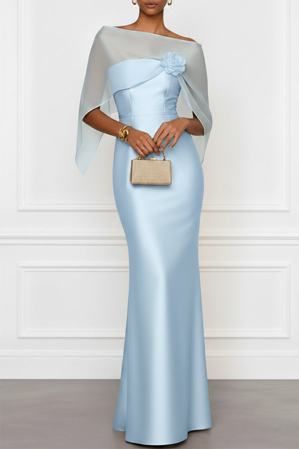 Lucero 3D Floral Satin Boat Neck Short Sleeve Sheath Capelet Gown Maxi Dress-consonak