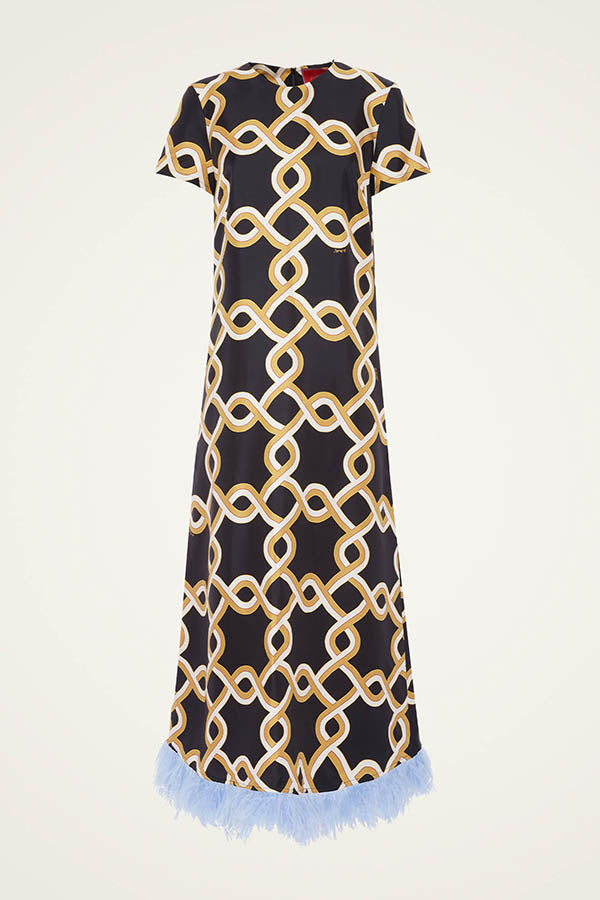 Annalisa Satin Court Style Contrast Color Printed Short Sleeve Pocket Feather Trim Maxi Dress-Consonak