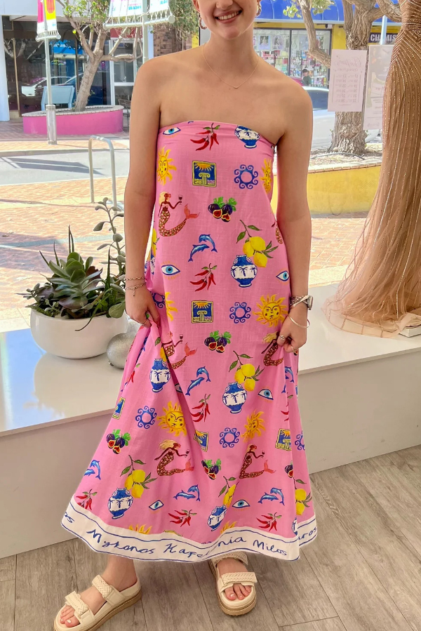 Linen Blend Unique Print Sleeveless Off-shoulder Casual Vacation Maxi Dress-consonak