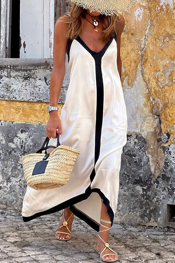 Traveling The Horizon Satin Colorblock Strap Loose Maxi Dress-consonak