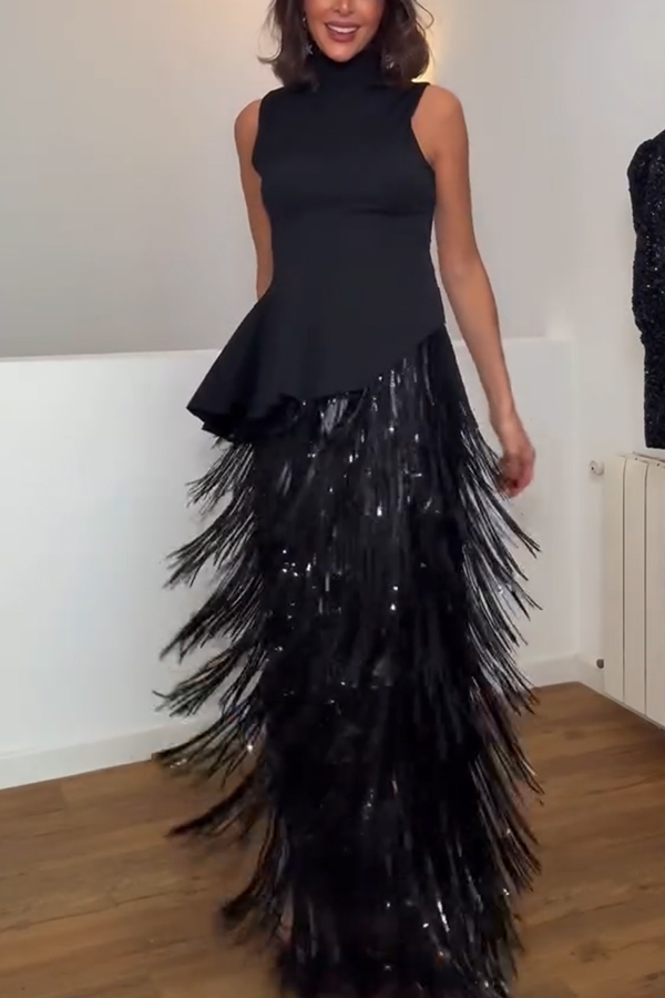 Chic Celebration Layered Sequined Tassels Slip Strapless H-line Midi Dress-consonak