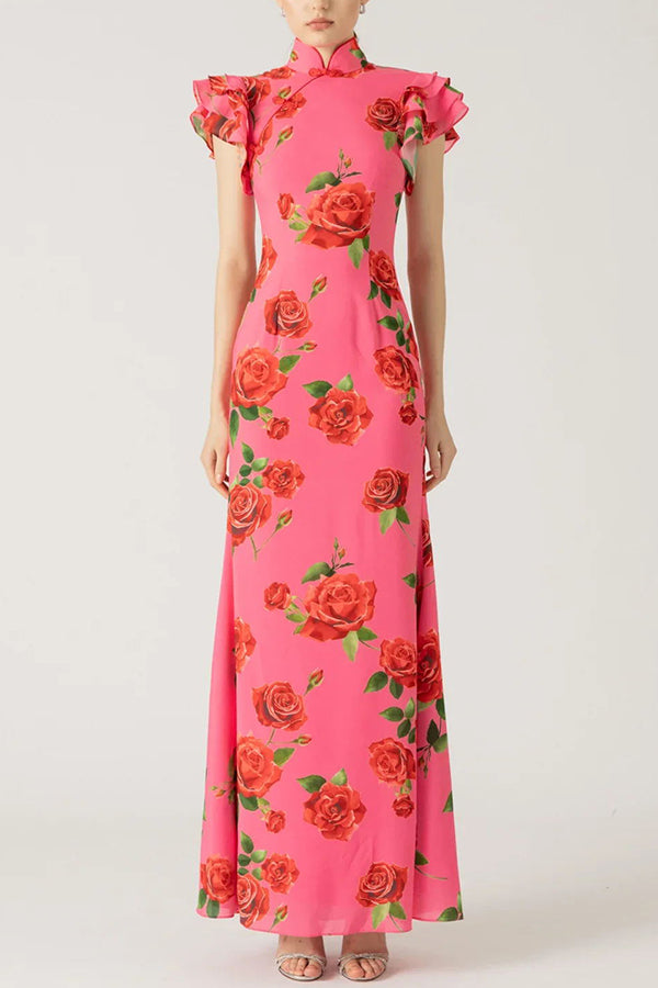 Elegant party cheongsam style rose print layered flared sleeve elastic long skirt-consonak