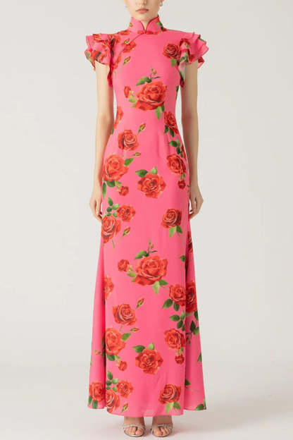 Elegant party cheongsam style rose print layered flared sleeve elastic long skirt-consonak