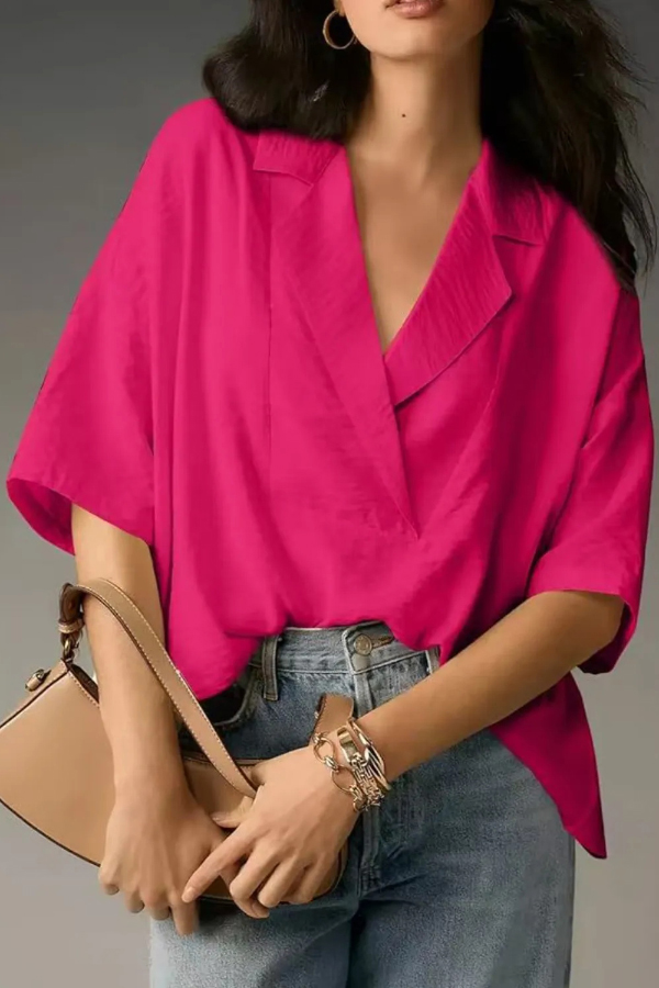 Solid Color Loose Lapel Short-sleeved Casual Shirt-consonak