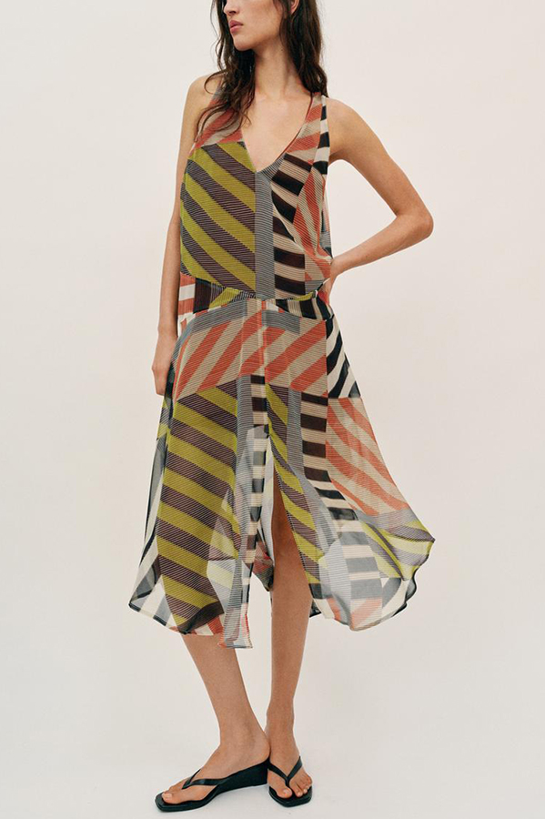 Khloe Patchwork Striped Color Block Print Wide Straps Asymmetric Hem Drape Midi Dress-consonak