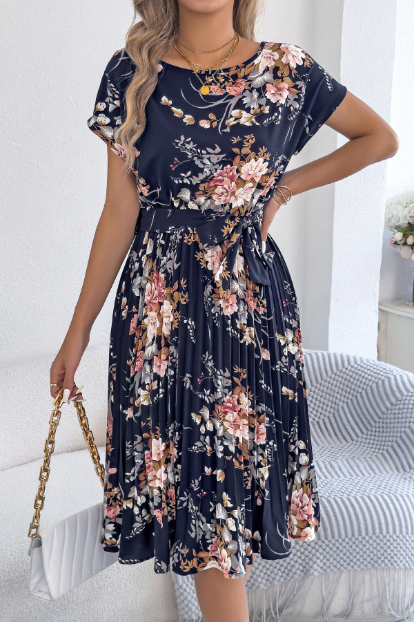 Floral Print Round Neck Fitted Waist Tie Pleated Midi Dress-consonak