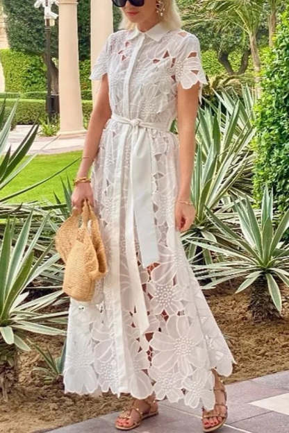 Dubai Style Floral Crochet Lace Short Sleeve Tie-up Shirt Maxi Dress-consonak