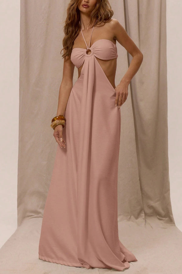 Solid Color Halter Neck Cutout Casual Loose Wide-leg Jumpsuit-consonak