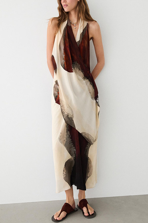 Flowing Rhythm Artistic Printed Ruffle Detail Halter Neck Midi Dress-consonak