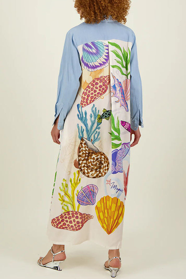 Take A Trip Marine Elements Unique Print Patchwork Pocketed Long Shirt Coat | Consonak