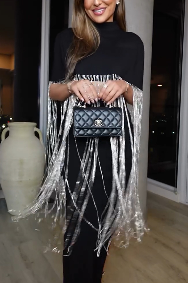 New Level Shiny Tassel Stand Neck Crop Cape Blouse-consonak